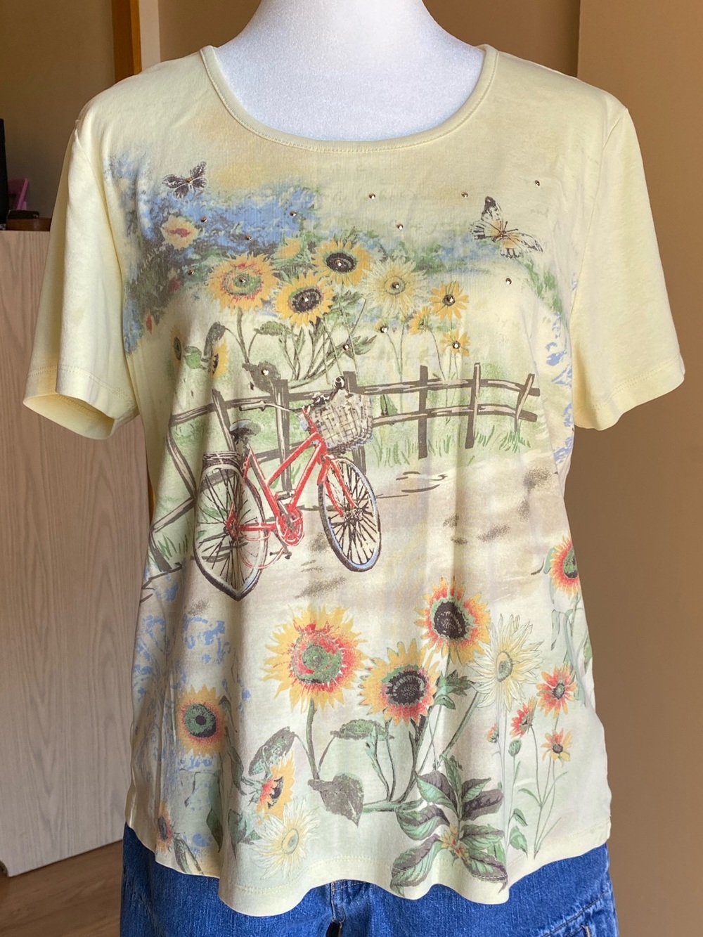 Basic Editions Sunflower Bicycle Graphic Tee XL Cottagecore Butterfly Floral